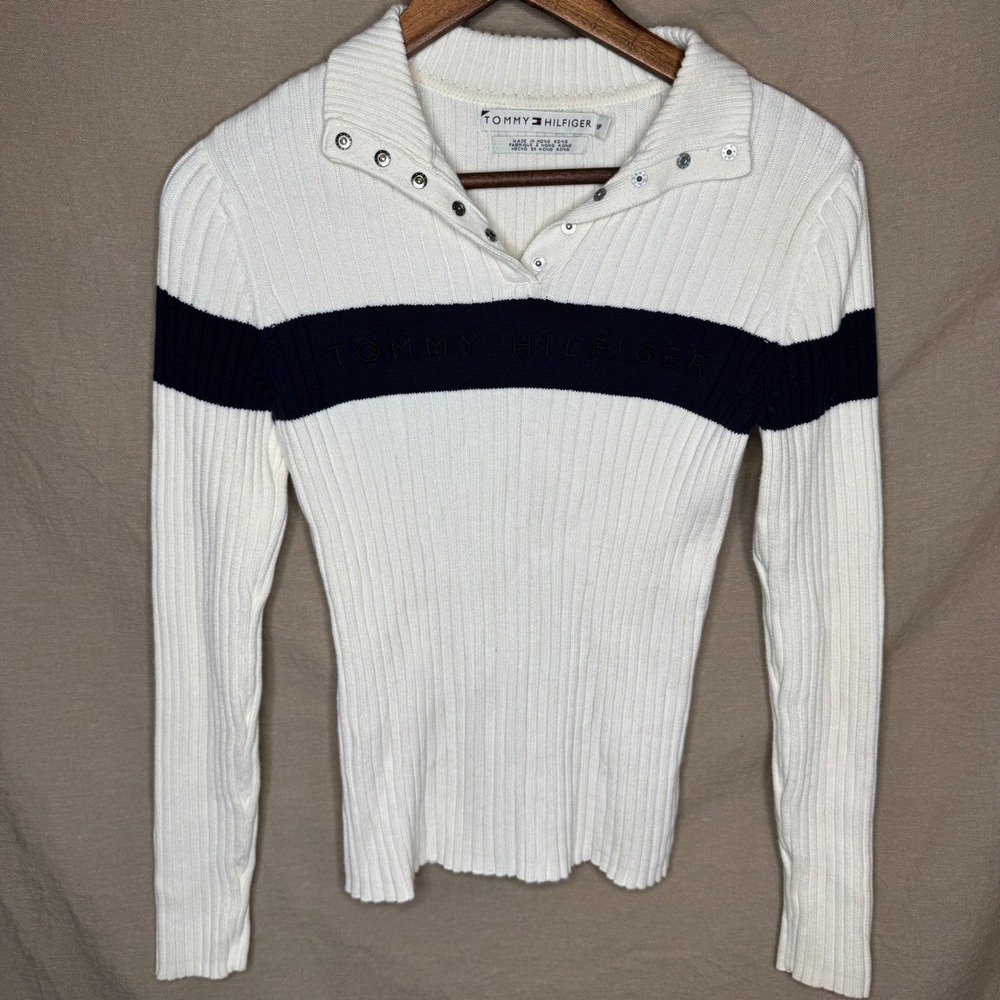 Tommy Hilfiger Womens Ribbed Polo Sweater Spell Out Stripe Vintage Small